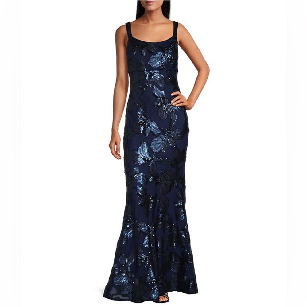 NWT: R & M Richards Embroidered Sequin Sweetheart Neck Sleeveless Mermaid Gown